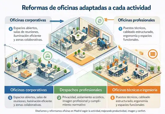 Reformas de oficinas para empresas en Madrid con diseño moderno y espacios de trabajo funcionales
