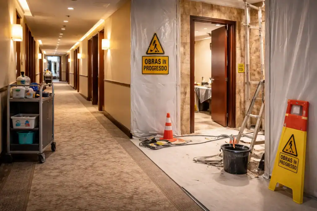 reforma de hotel sin cerrar en Madrid con obra por fases en pasillo de hotel