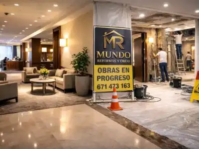 reforma de lobby de hotel por fases con cartel de Mundo Reformas y Obras y telefono 671473163